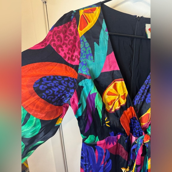 Farm Rio Mystic Jungle Fruit Tropical Boho Faux Wrap Black Jumpsuit Size Small - Picture 6 of 17